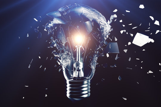 Exploding light bulb on a blue background, with concept creative thinking and innovative solutions. 3D rendering