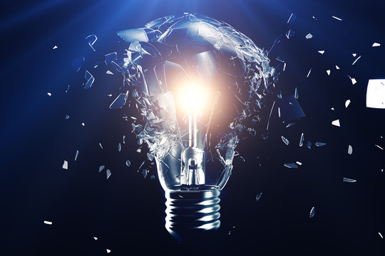 Exploding light bulb on a blue background, with concept creative thinking and innovative solutions. 3D rendering