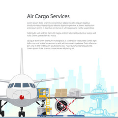 Flyer Air Cargo Services and Freight, Airplane with Autoloader at the Airport on the Background of the City and Text, Unloading or Loading of Goods into the Plane, Poster Brochure Design, Vector