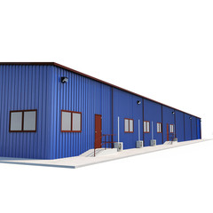 Office and Storage Warehouse Building on white. 3D illustration