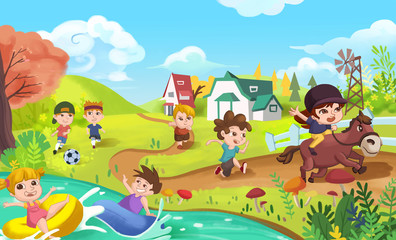 Obraz na płótnie Canvas Children are doing Sports like Playing Football, Swimming, Running and Horse Riding. Video Game's Digital CG Artwork, Concept Illustration, Realistic Cartoon Style Background 