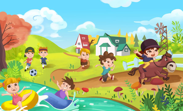 Children are doing Sports like Playing Football, Swimming, Running and Horse Riding. Video Game's Digital CG Artwork, Concept Illustration, Realistic Cartoon Style Background
