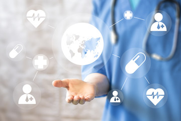 Medicine doctor hand working with modern online computer interface map