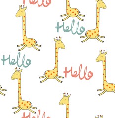 Vector drawn seamless pattern with cartoon giraffe