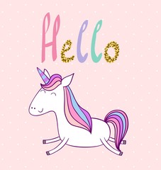 Hello. Magic cute unicorn. Vector greeting card.