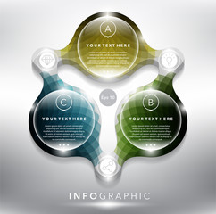 Abstract info graphic with circle elements. 3 parts concept. Can be used for workflow layout, banner, number options, step up options, diagram, web design. Vector illustration. Eps10.