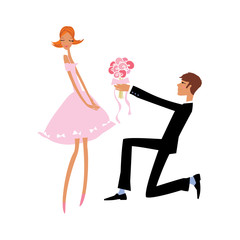 Groom giving the bouquet to the bride. Wedding proposal. Vector illustration