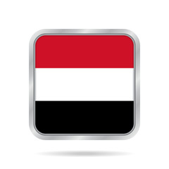 Flag of Yemen. Shiny metallic gray square button.