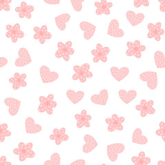 Cartoon flowers and hearts. Cute seamless pattern.