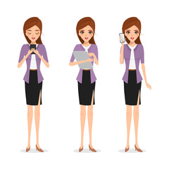 Fototapeta premium Business woman with communication technology. illustration vector people character.