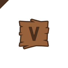 Wooden alphabet or font blocks with letter v in wood texture area with outline.