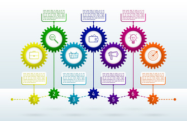 Abstract gears infographic with 7 steps. Mechanism with integrated gears and icons for business presentations or information banner. Modern design of background esp 10