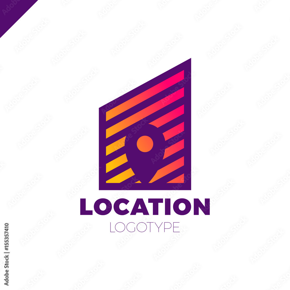 Poster logo location map negative space symbol in the line city build vector design template. geo point log
