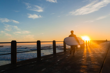 Surfing Surfer Silhouetted Walking Pier Sunrise Ocean