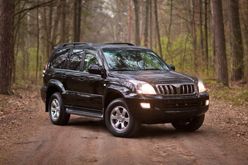 Fototapeta premium Front side of the black SUV in forest