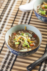 Asian soup with noodles in a decorated bowl. Ramen