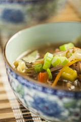 Asian soup with noodles in a decorated bowl. Ramen