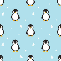 Seamless pattern Baby Penguin standing on sky blue background. Cute Penguin cartoon with snow and pine tree flat design vector illustration.