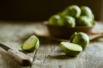 Brussels sprouts on wooden table