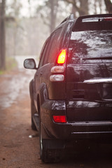 Front side of the black SUV in forest © Oleksii Nykonchuk