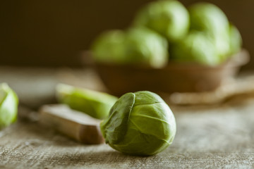 Brussels sprouts on wooden table