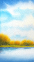 Watercolor landscape. White clouds on blue sky over lake