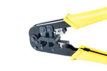 Crimping tool with yellow handles on isolated white background. Crimping pliers closeup.