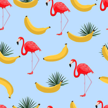 Seamless pattern with bananas and tropical leaves. Hawaiian style background with jungle tropical plants, yellow bananas and exotic flamingo. Fabric print. Modern wallpaper design. Vector.