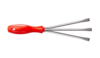 Obraz premium Red shiny metal and plastic tool screwdriver for repair with three heads