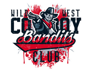 Obraz premium Vector illustration on a theme of the wild west, cowboy shooting from a revolver, bandit, criminal. Grunge effect, text, inscription. Typography, T-shirt graphics, print, banner, poster, flyer