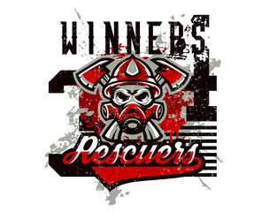 Vector illustration on the theme of rescuers, fire department, a skull in a fireman's helmet, axes. Grunge effect, text, inscription. Typography, T-shirt graphics, print, banner, poster, flyer