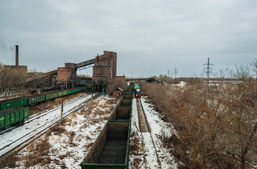 Fototapeta premium Place of coal loading of gondola cars with the help of conveyor