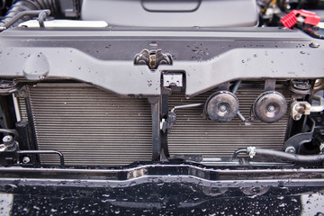 Close-up photo of installed car radiator