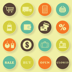 Shopping icons in bright colors. Vector buttons