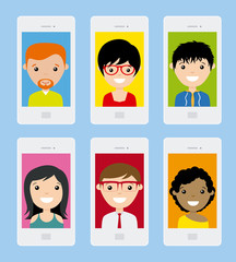 Set of smartphone with photo of smiling boys and girls