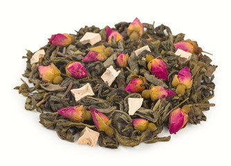 Heap of green tea with soursop, bud of natural roses isolated on a white background.