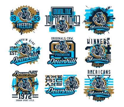 Collection of vector illustration on the theme of mountain bike cyclist performs a trick on the bike. Grunge effect, text, inscription. Typography, T-shirt graphics, print, banner, poster, flyer