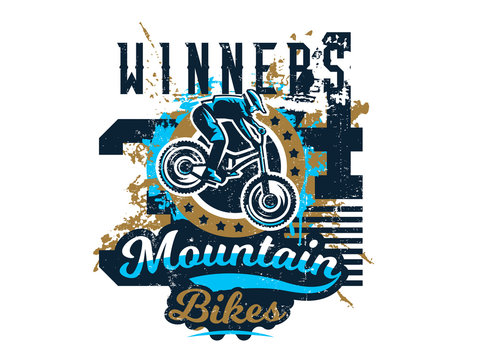 Vector illustration on the theme of mountain bike, cyclist performing a trick on a bicycle, downhill, freeride. Grunge effect, text, inscription. Typography, T-shirt graphics, print, banner, poster