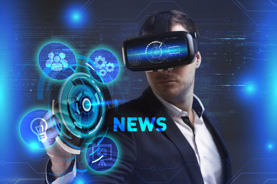 Business, Technology, Internet and network concept. Young businessman working in virtual reality glasses sees the inscription: News