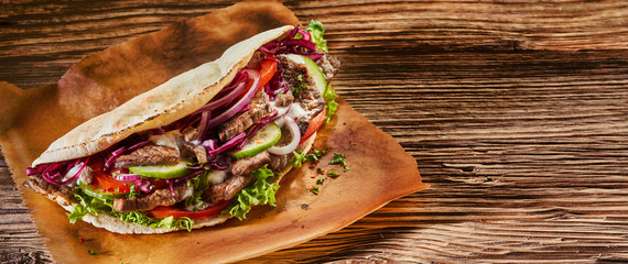 Panorama banner with spicy Turkish doner kebab