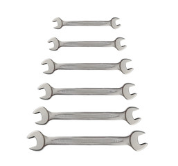 Row of mechanic silver metal tool wrench for repair isolated on white