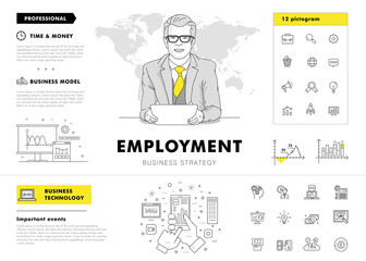 Business employment big Modern set layouts. Thin icons of manage. Team work strategy. Original pack with linear pictogram collection. Professional model coaching.
Smart office element for web design.
