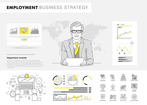 Business employment big Modern set layouts. Thin icons of manage. Team work strategy. Original pack with linear pictogram collection. Professional model coaching.
Smart office element for web design.