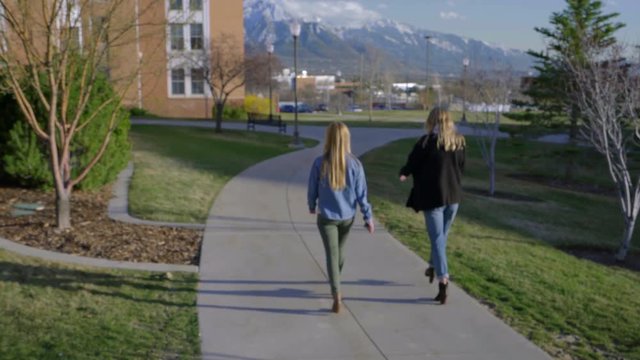 Jib Shot Of Girls Walking Down Path (Away From Camera) On School Campus 