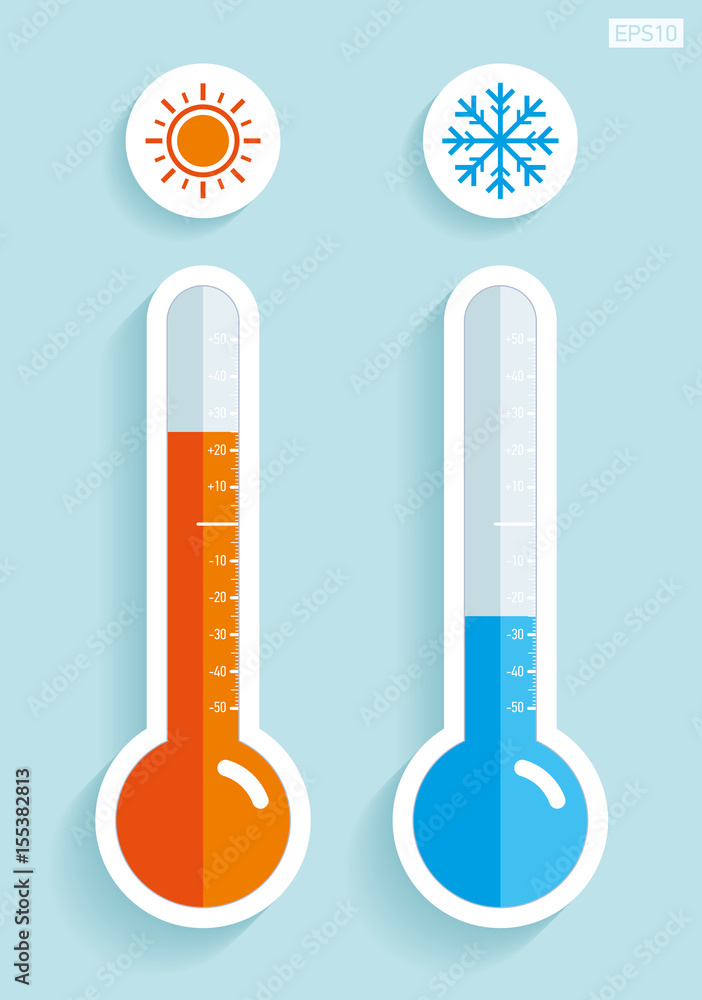 Poster thermometers in flat style, cold and hot temperature, design element on color background. vector des