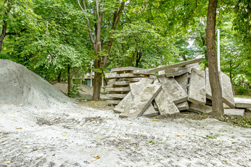 Piles around the trees in deciduous park