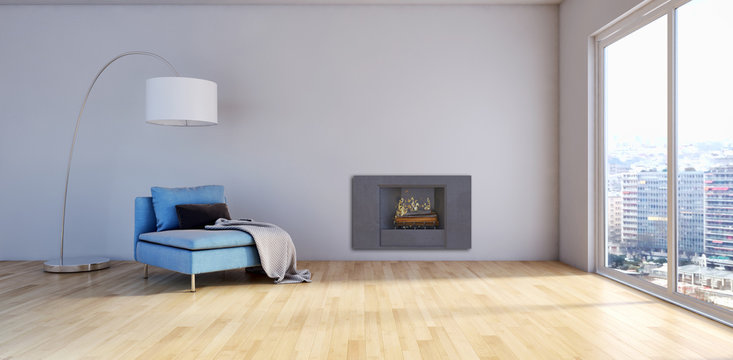 Living room with fireplace. 3D rendering