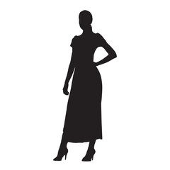 Standing woman in long summer clothes, vector silhouette