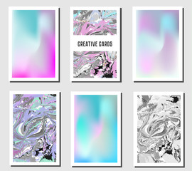 Artistic creative cards. Modern marbling and holographic trendy banners, backgrounds. Cards design templates
