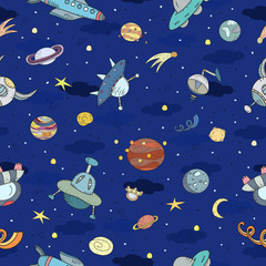 Cartoon hand drawn space, planets seamless pattern. Lots of symbols, objects and elements. Printable templates